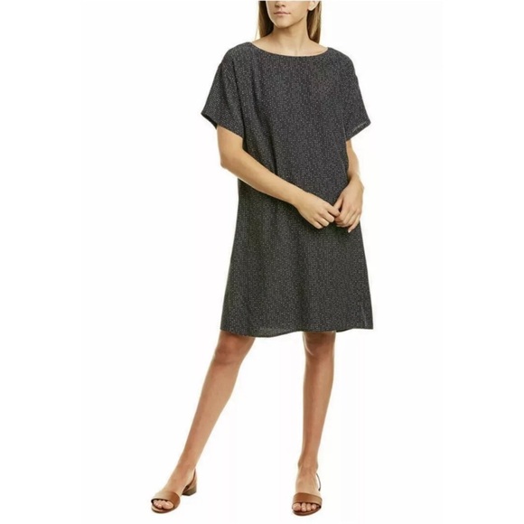 EILEEN FISHER TENCEL MORSE CODE GRAPHITE SHIFT DRESS SZ S - Picture 2 of 8
